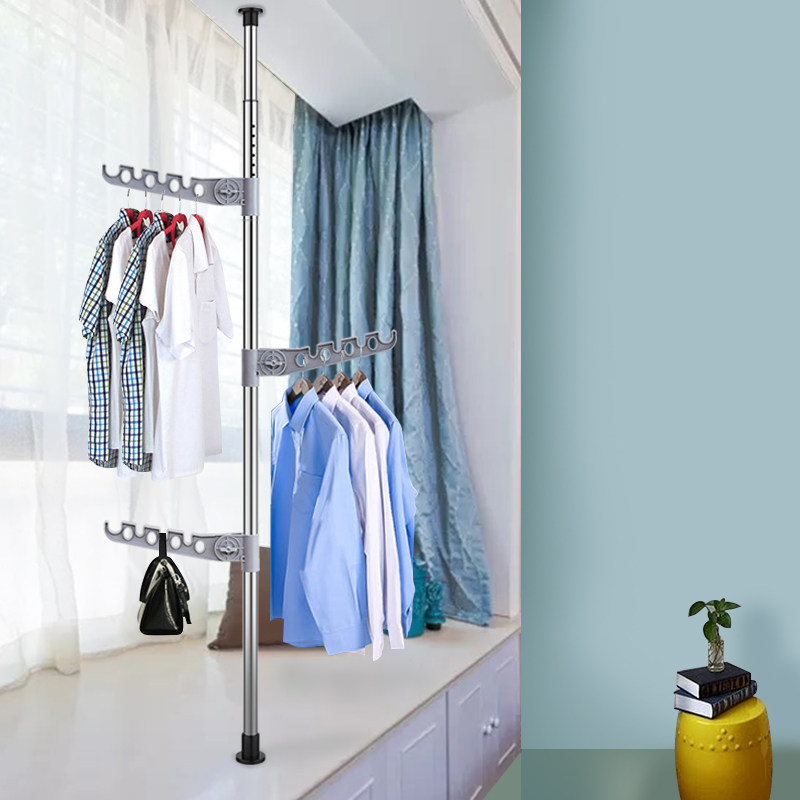 飘窗顶天立地晾衣架落地卧室阳台被子伸缩不锈钢挂衣置地