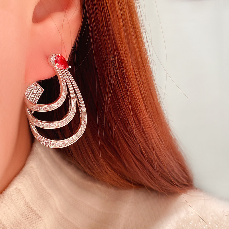 经典百搭镶钻耳环复古简约几何扭曲三层圆弧耳环