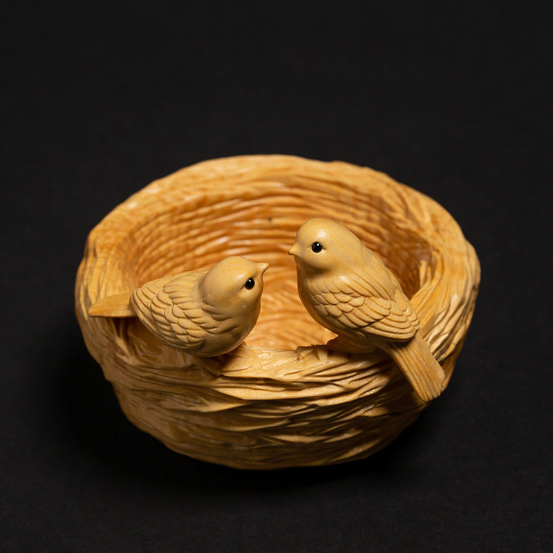黄杨木工艺品收纳创意小鸟情侣摆件木雕鸟巢装饰木雕