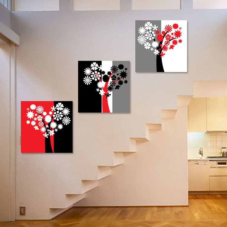 抽象黑白发财树装饰画三联楼梯间组合挂画现代简约过道餐厅壁画