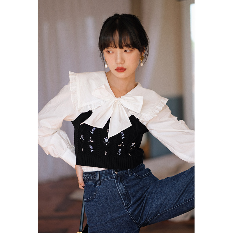 大淘人折扣商城 女装 sense 可拆卸蝴蝶结白色衬衫女早秋法式复古大