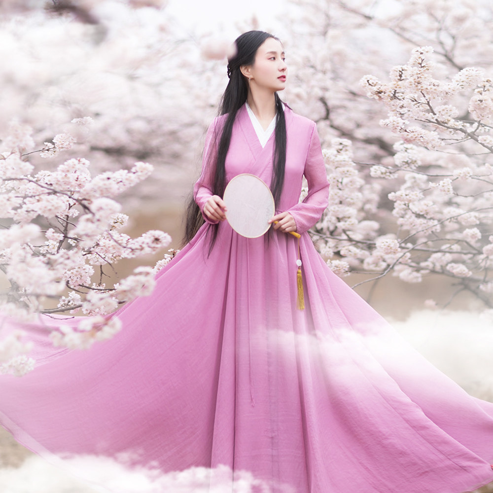 棉麻记2019夏装新款复古文艺改良汉服领双层长裙显瘦大摆连衣裙女