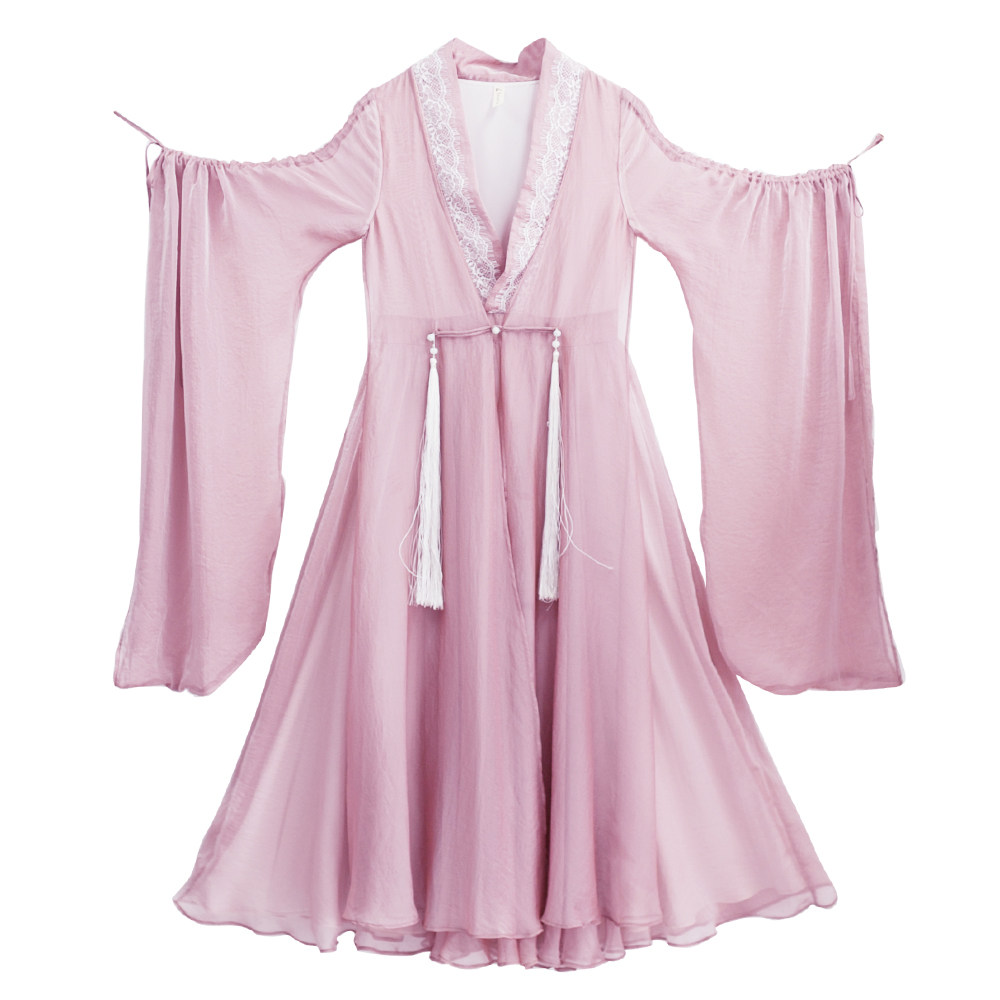 棉麻记汉服流苏长裙2020夏装新款复古蕾丝系带收腰假两件连衣裙女