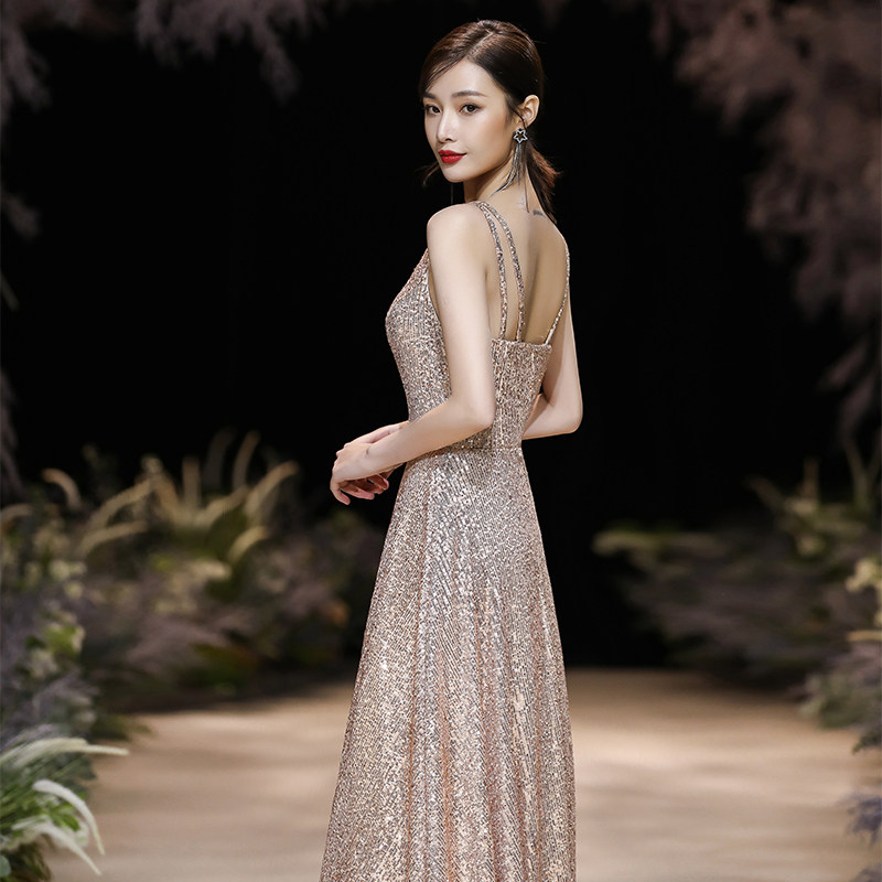 宴会金色晚礼服女2020新款主持人高端大气显瘦气质优雅连衣裙长款