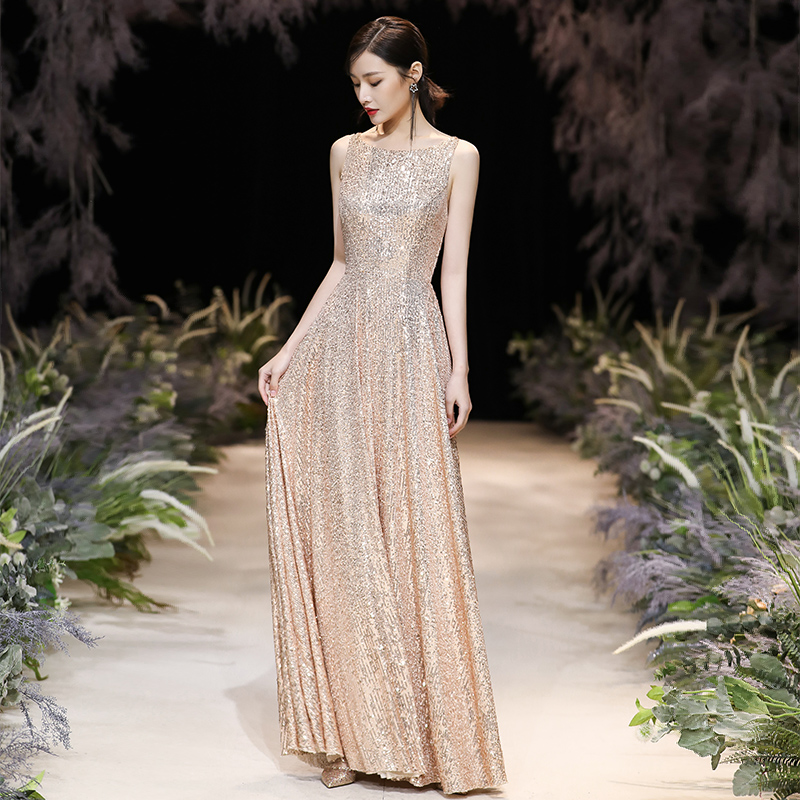 宴会金色晚礼服女2020新款主持人高端大气显瘦气质优雅连衣裙长款