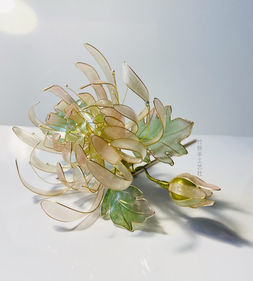 手工造花粉白金色菊花汉服古风日常头饰发簪发饰