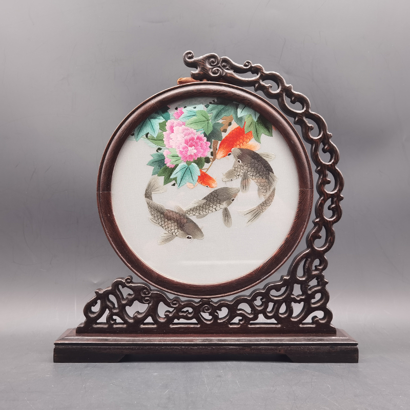 重庆地方特色送人礼物蜀绣双面绣花花鸟龙头鸡翅木刺绣