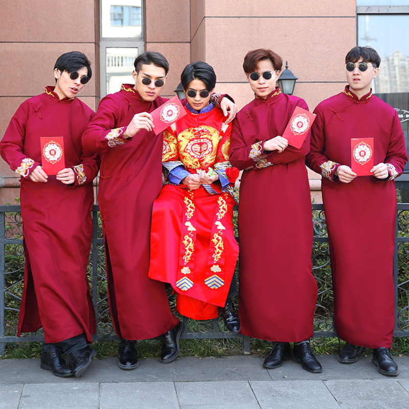 中式婚礼伴郎服装男士唐装结婚马褂中国风大褂长袍兄弟伴郎团礼服
