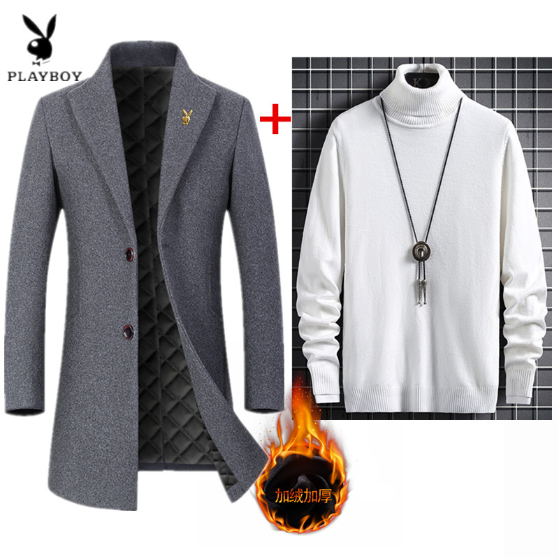 花花公子冬装毛呢大衣男中长款韩版修身英伦中青年毛呢子风衣外套