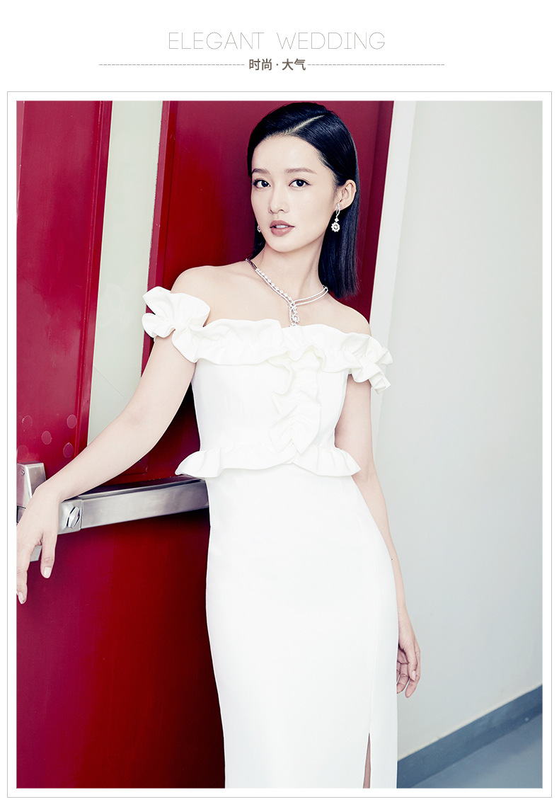 李沁主持白色一字中长连衣裙荷叶边开礼服聚会礼服