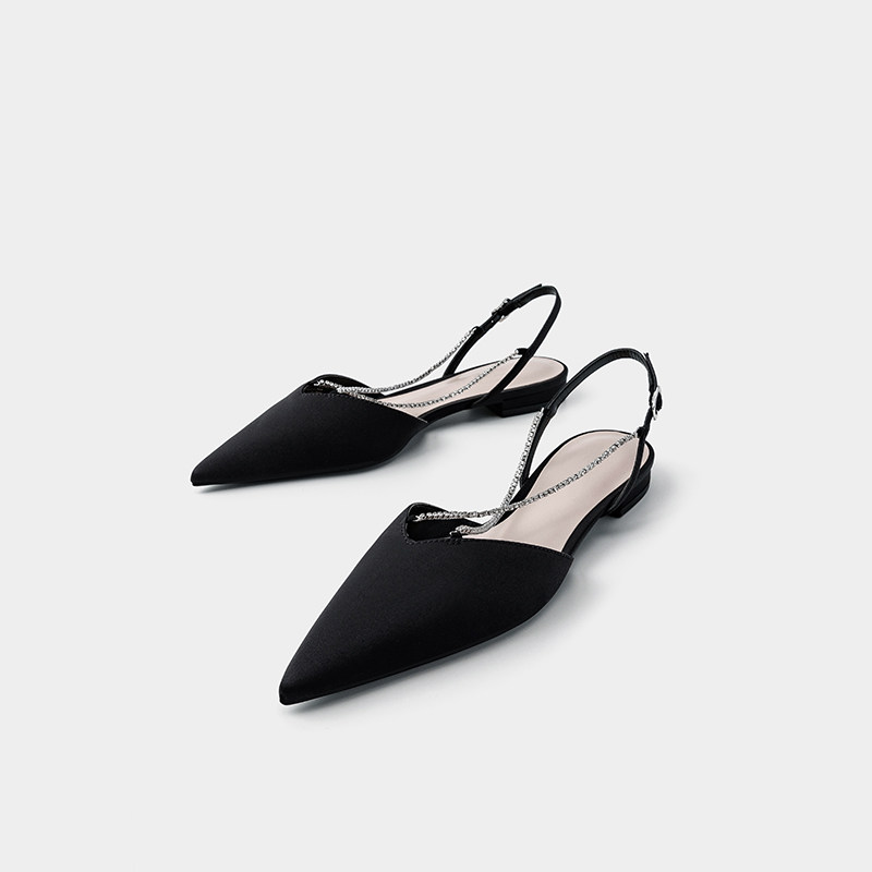 小ck鞋子凉鞋2021年新款尖头水钻平底交叉带一字扣后镂空浅口单鞋