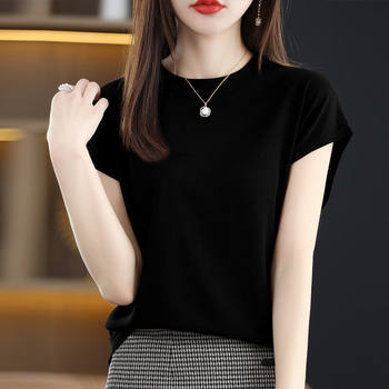 2024 Summer Ice Silk Thin Slim Style T-shirt Knitted Short Sleeve Women's Half Turtle Collar Versatile Round Neck Temperament Top