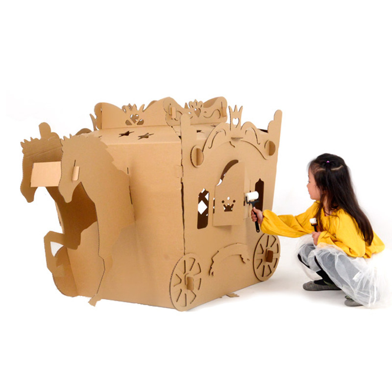 儿童拼装涂色大号纸壳纸皮马车玩具幼儿园手工白模填色