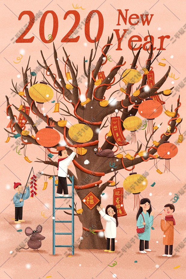 祈福卡通手绘插画新年祝福配图春节灯笼海报设计素材