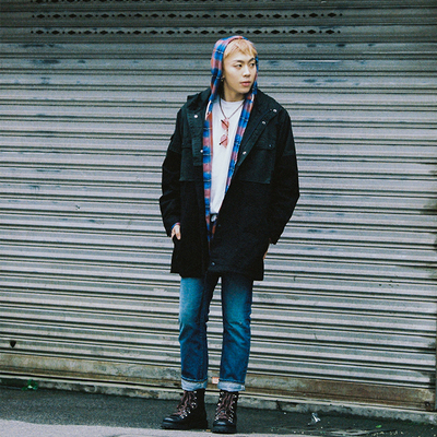 thevbrand杨文昊原创潮牌秋冬连帽宽松拼接重工中长款风衣