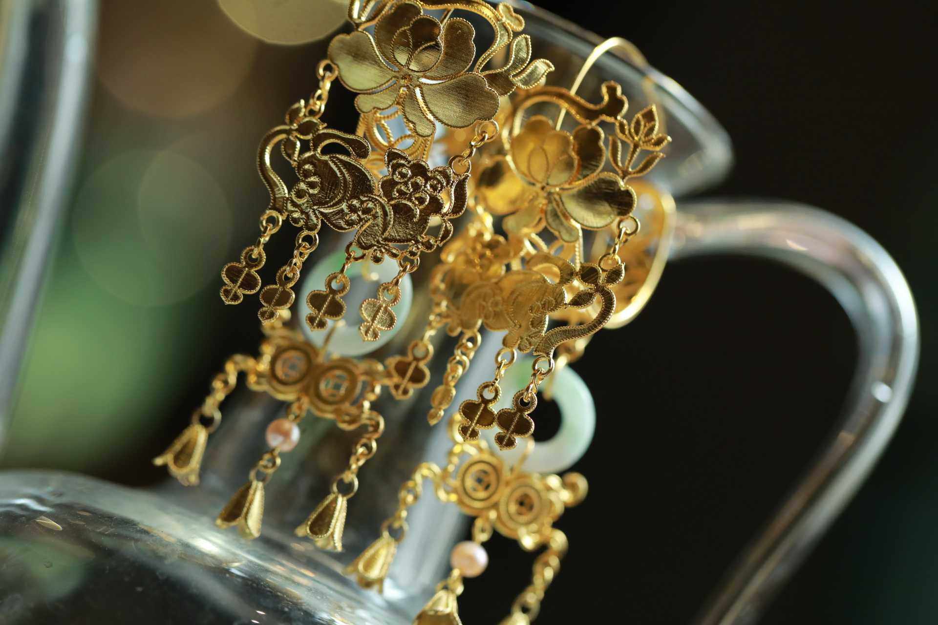 纯银镀金手工花丝镶嵌狮子牡丹故宫耳环汉服耳环