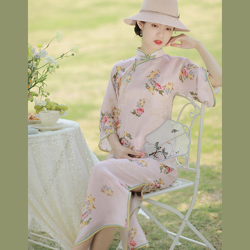 花鸢夏季民国风复古人丝印花倒大袖度假大小姐气质年轻款旗袍