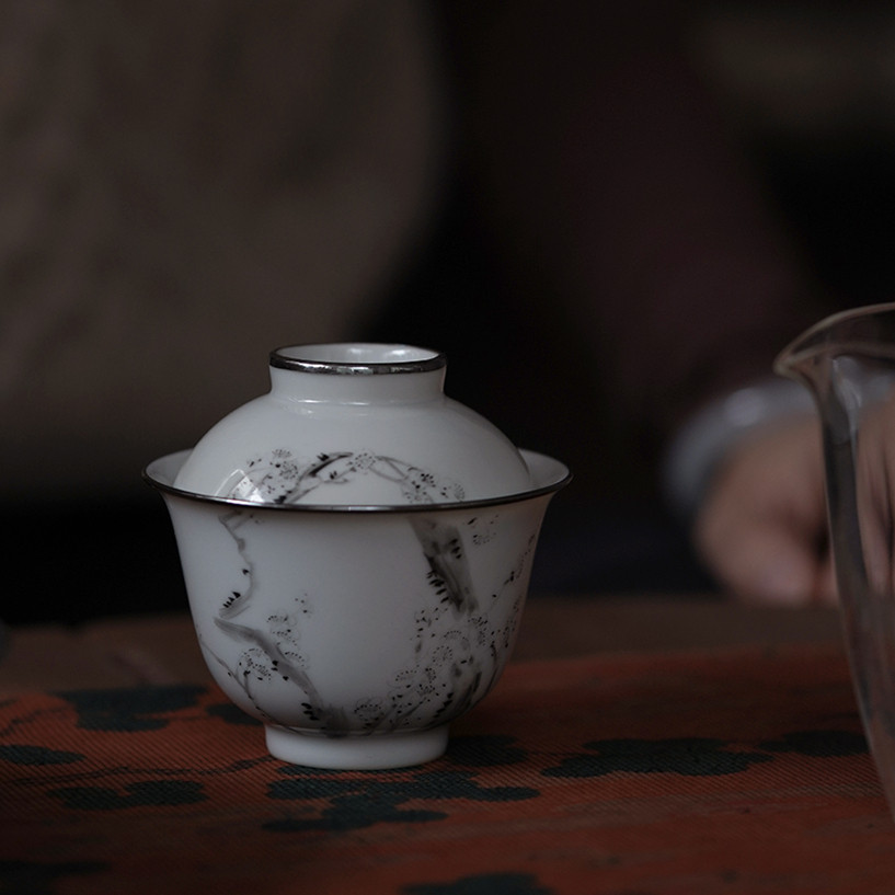 包银诗文古风复古茶杯盖碗茶盖碗口盖梅花墨痕盖碗