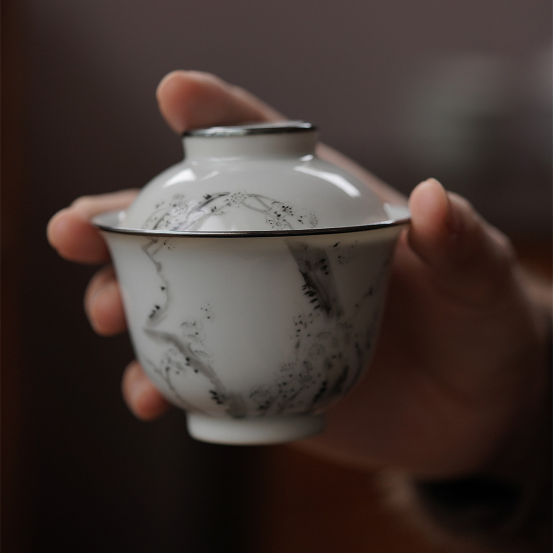 包银诗文古风复古茶杯盖碗茶盖碗口盖梅花墨痕盖碗