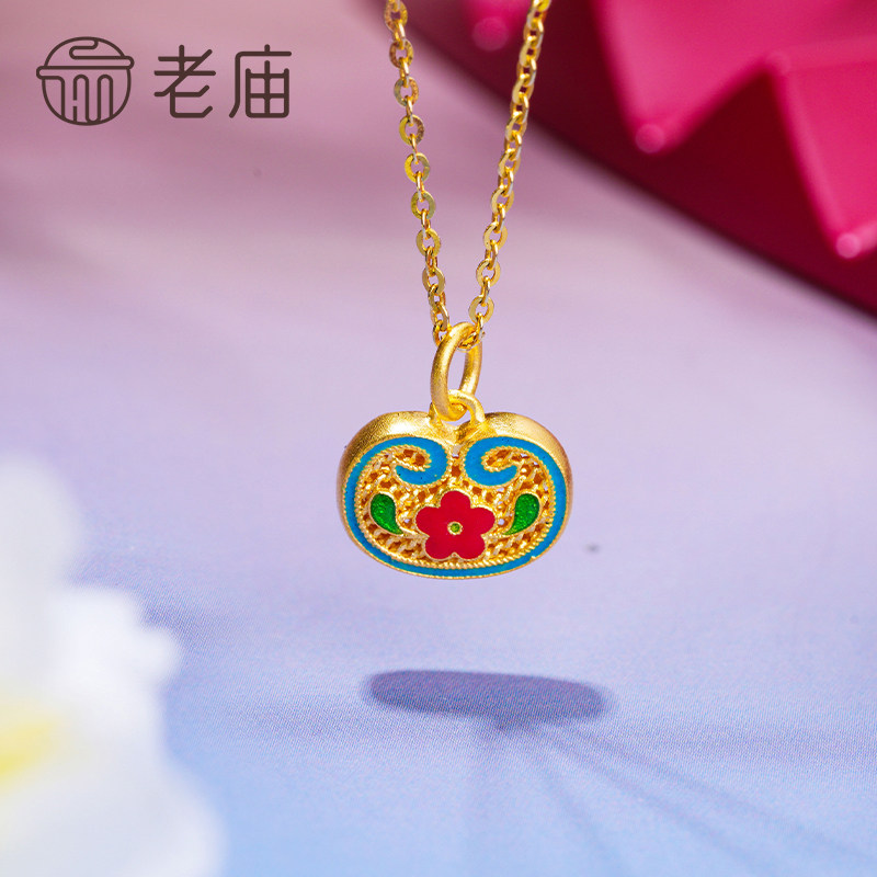 珐琅挂坠足金锁包如意花丝新品金珐琅古法优品定价黄金吊坠