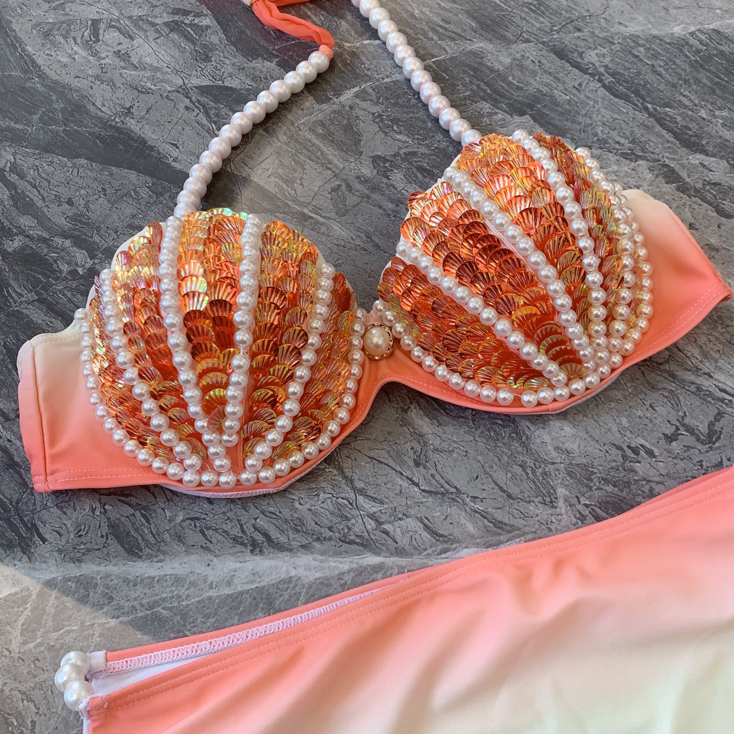 美人鱼bra人鱼亮片胸衣自由比基尼海洋馆演出服电音分体泳衣