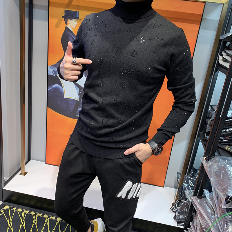 高领毛衣男加厚2021秋冬爆款个性潮流韩版字母烫钻修身针织羊毛衫