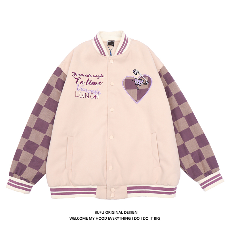 亿万少年国潮牌棋盘格棒球服外套男女情侣装美式复古小众嘻哈夹克