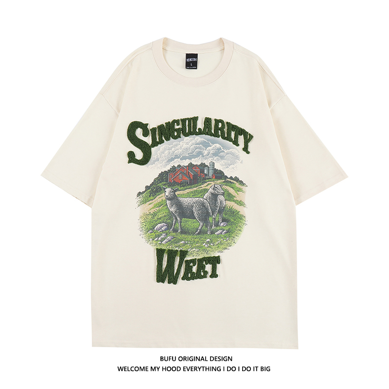 亿万少年美式复古毛巾绣短袖T恤男女款夏季国潮牌盐系甜辣ins半袖