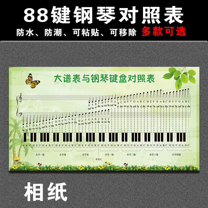钢琴键盘对照表键大谱表挂图五线谱贴纸相纸墙贴
