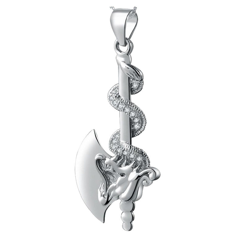 s925纯银斧头吊坠男士霸气龙头项链盘龙斧银项坠