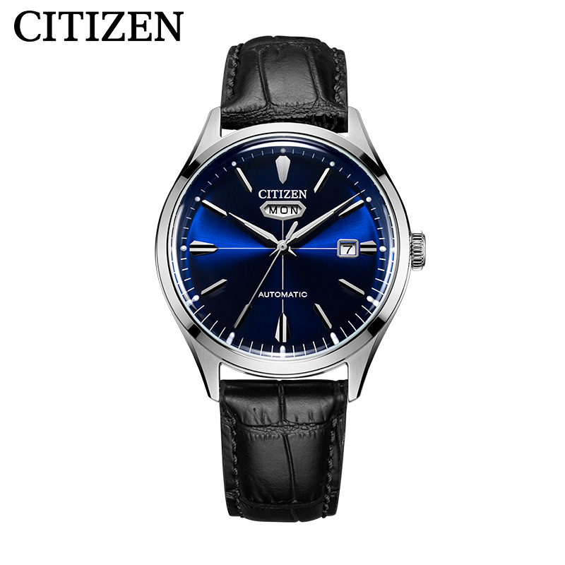 西铁城日本官方正品复古简约蓝盘皮带防水机械手表男NH8390