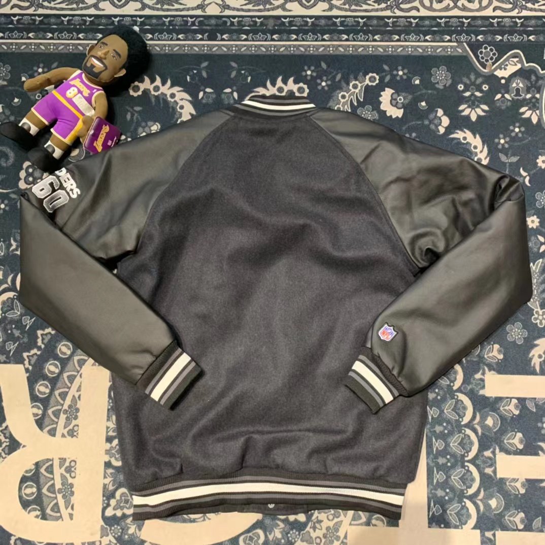 nfl橄榄橄榄球球队突袭者raiders黑色logo毛呢皮袖夹克