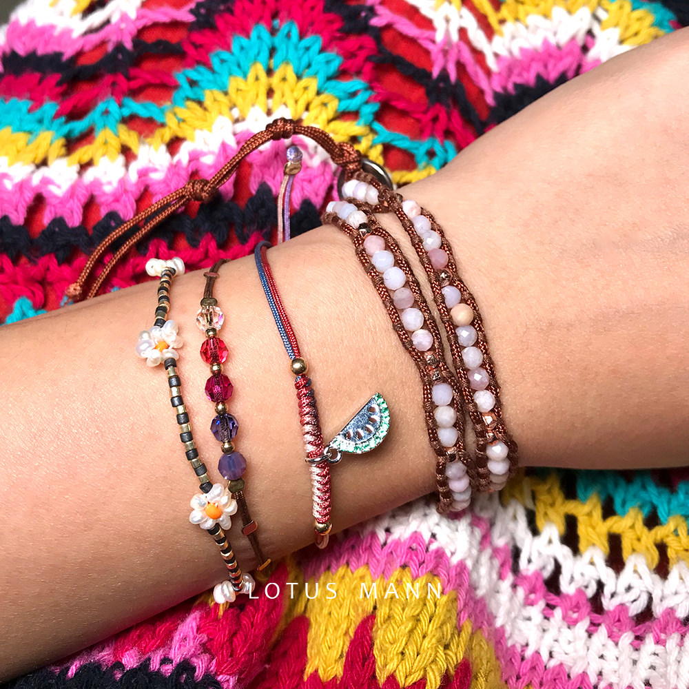 三色淡水珍珠小众雏菊米珠编织幸运绳细款手脚手链