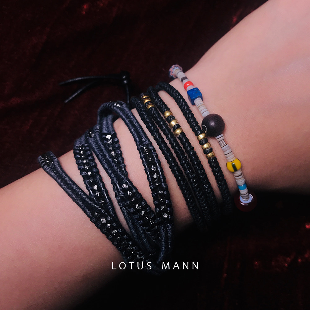 路塔斯曼greythread深灰吉普赛男士银绕5圈皮绳手链手链