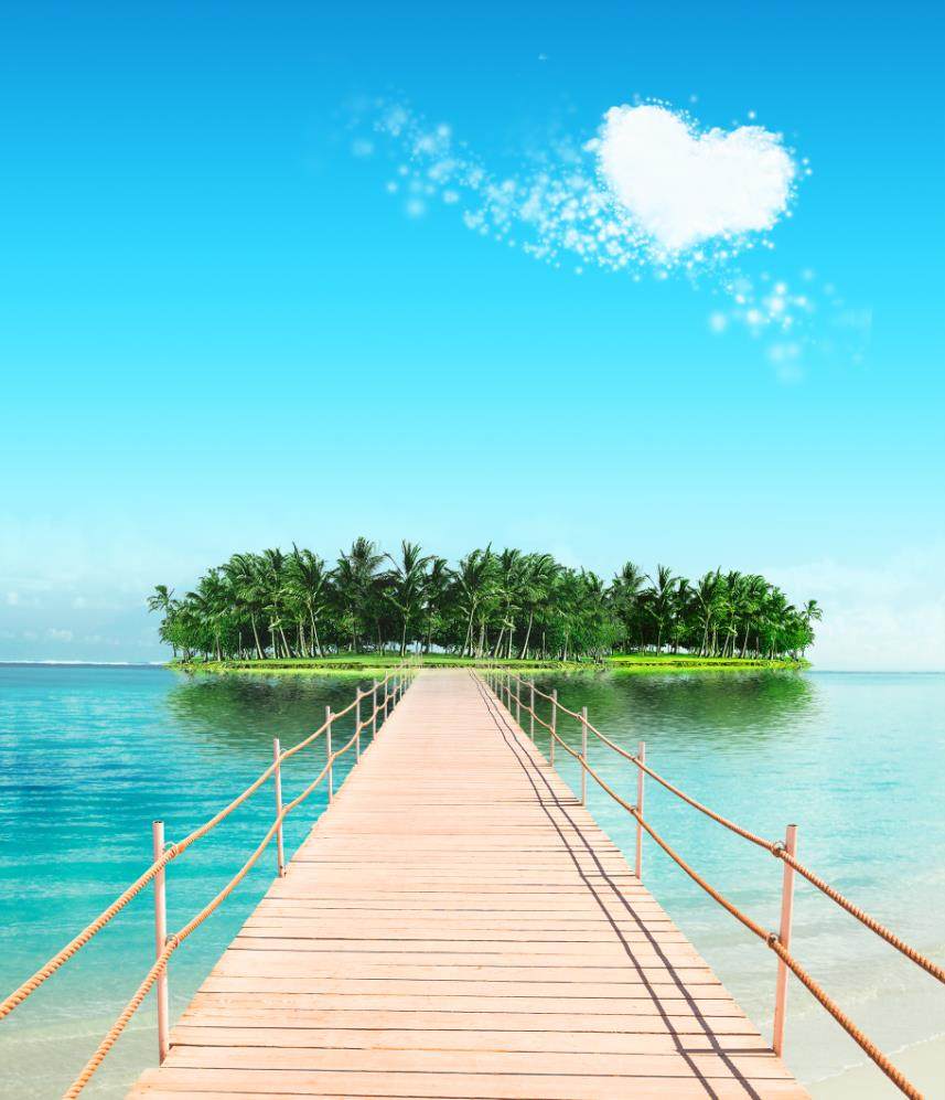 大海沙滩蓝天白云海边椰树风景主播拍视频段子直播背景布3d立体