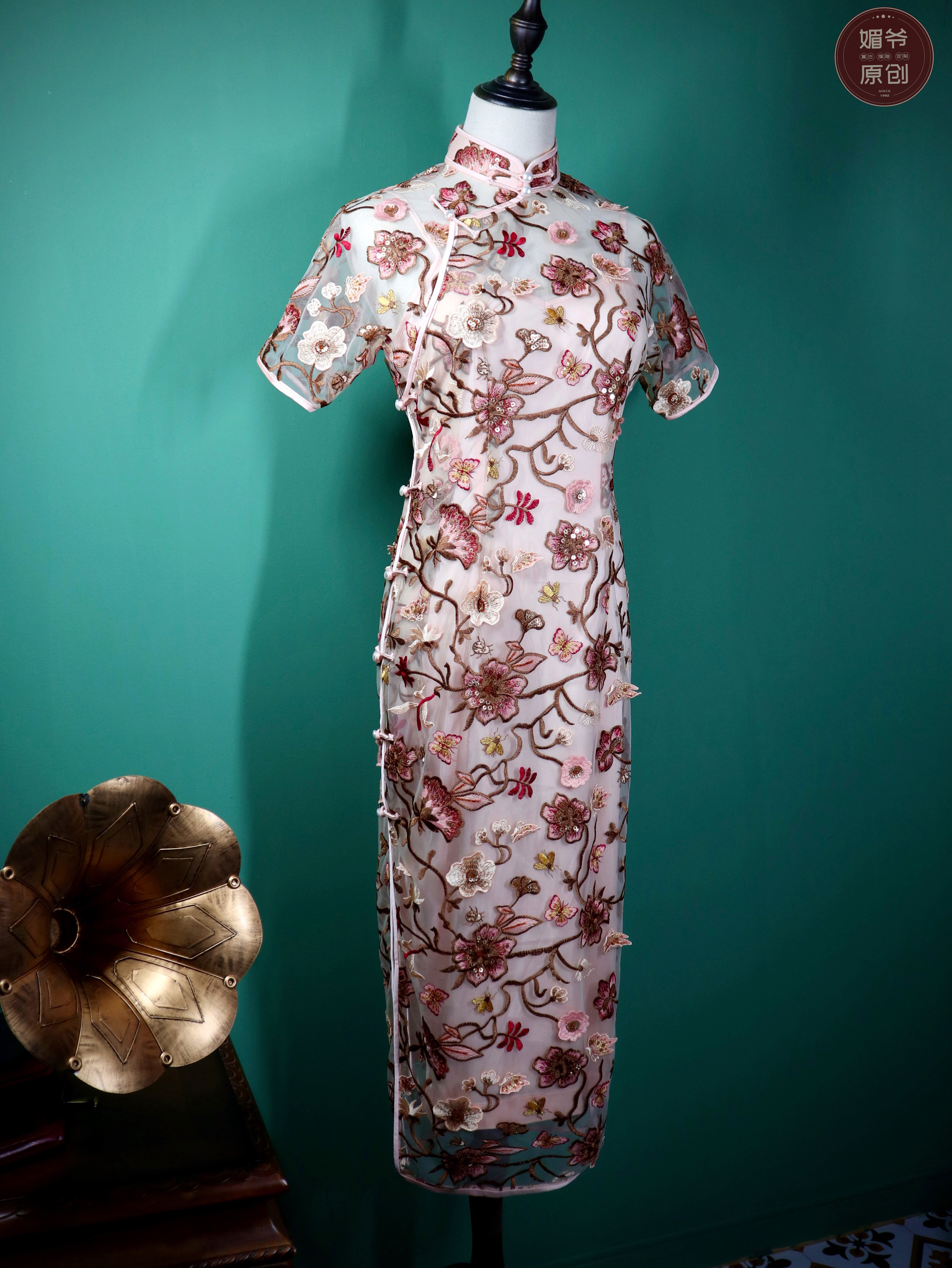 媚爷原创绣花旗袍国风春夏新款长款旗袍