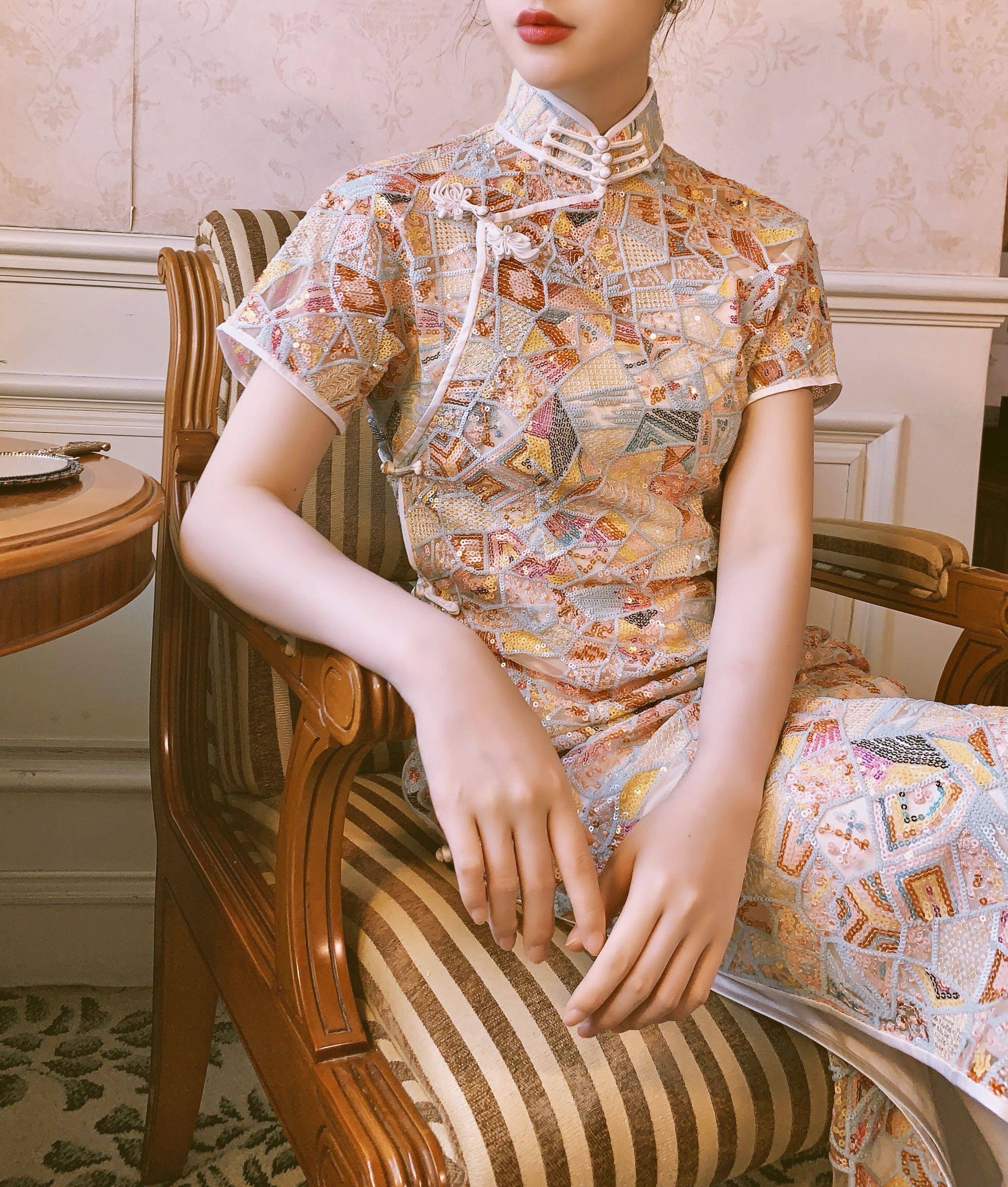 媚爷原创新款珠片刺绣全开开襟一片片式古法旗袍