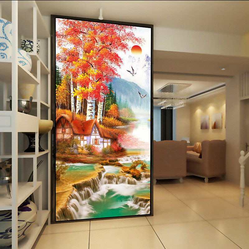 钻石画风景竖版山水画贴钻十字绣流水生财发财黄金树走廊玄关满钻