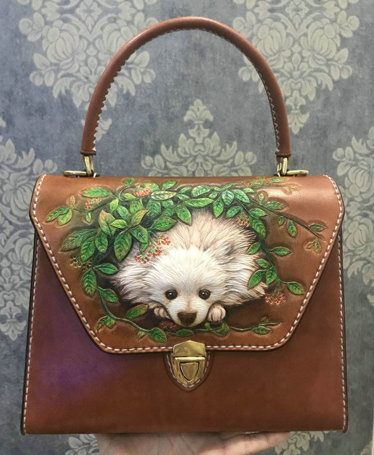手工订制皮雕手绘可爱宠物动物单肩斜跨手提包通用款女包