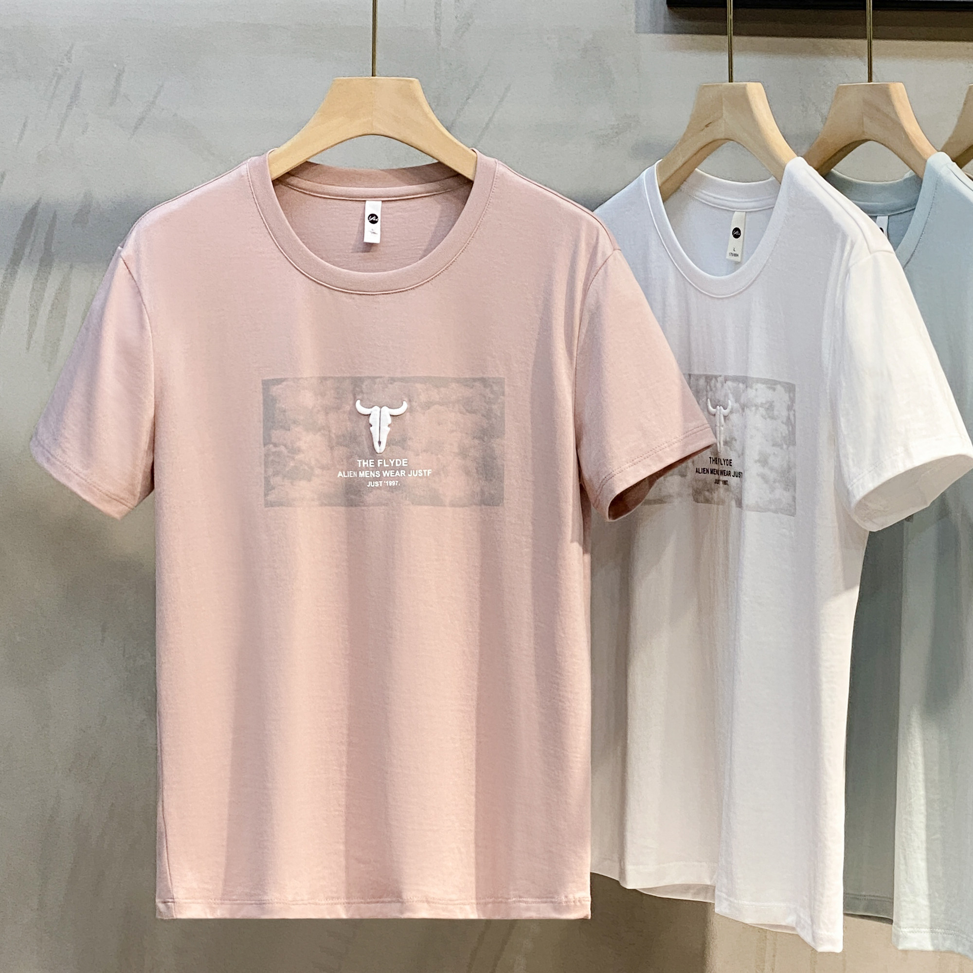 丝光棉衣服简约印花圆领短袖t恤男士夏季修身休闲半袖薄款打底衫