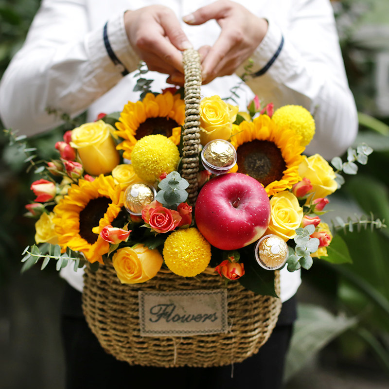 七夕节苹果手提花篮生日鲜花速递南京杭州深圳成都鲜花速递同城