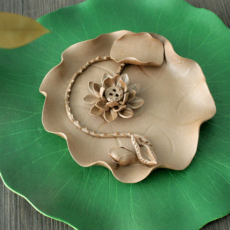 荷塘月色 景德镇手工粗陶陶泥香插盘香炉摆件 荷花香薰盘线香檀香