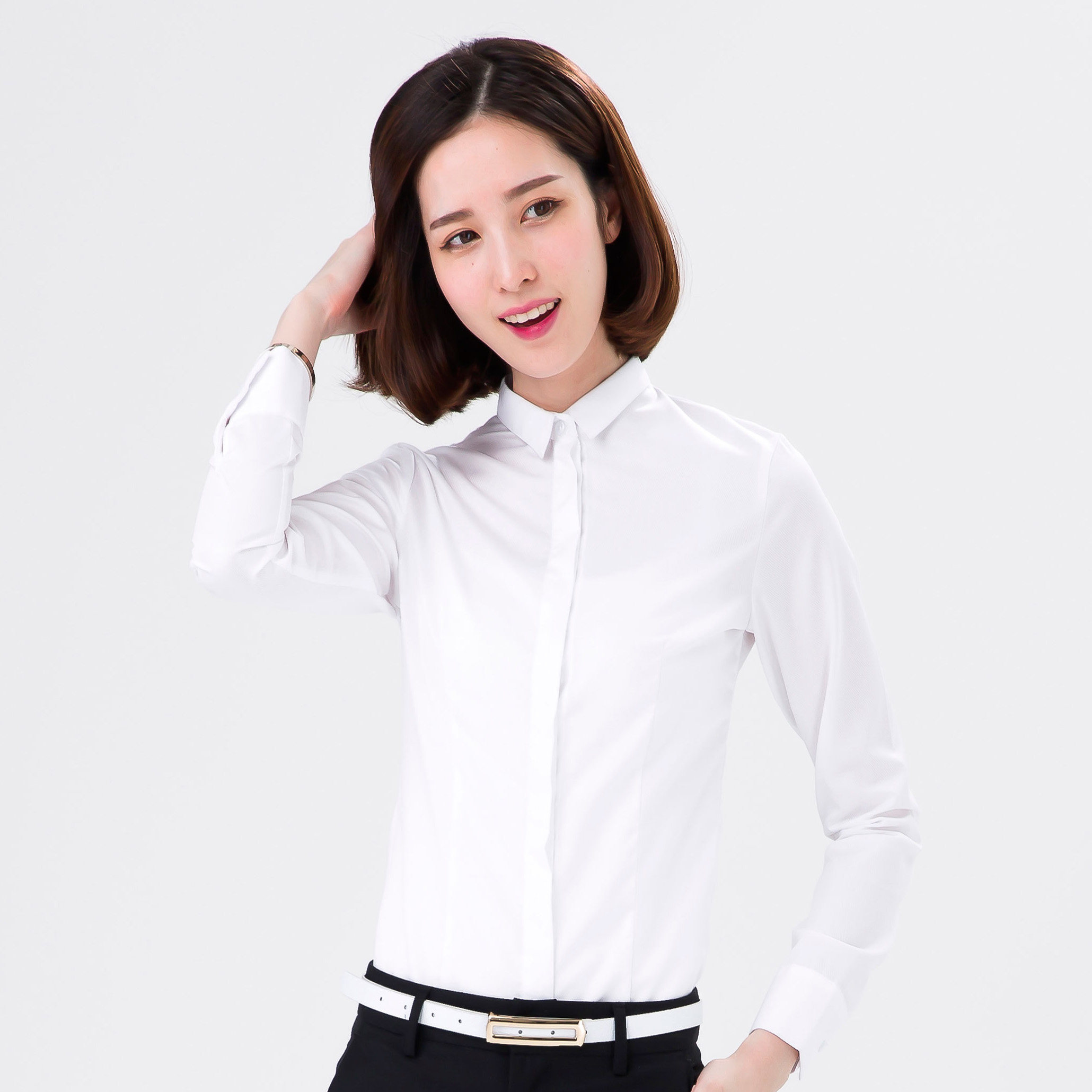 小方工作服衬衣子白领子装小工装修身韩版春秋衬衫