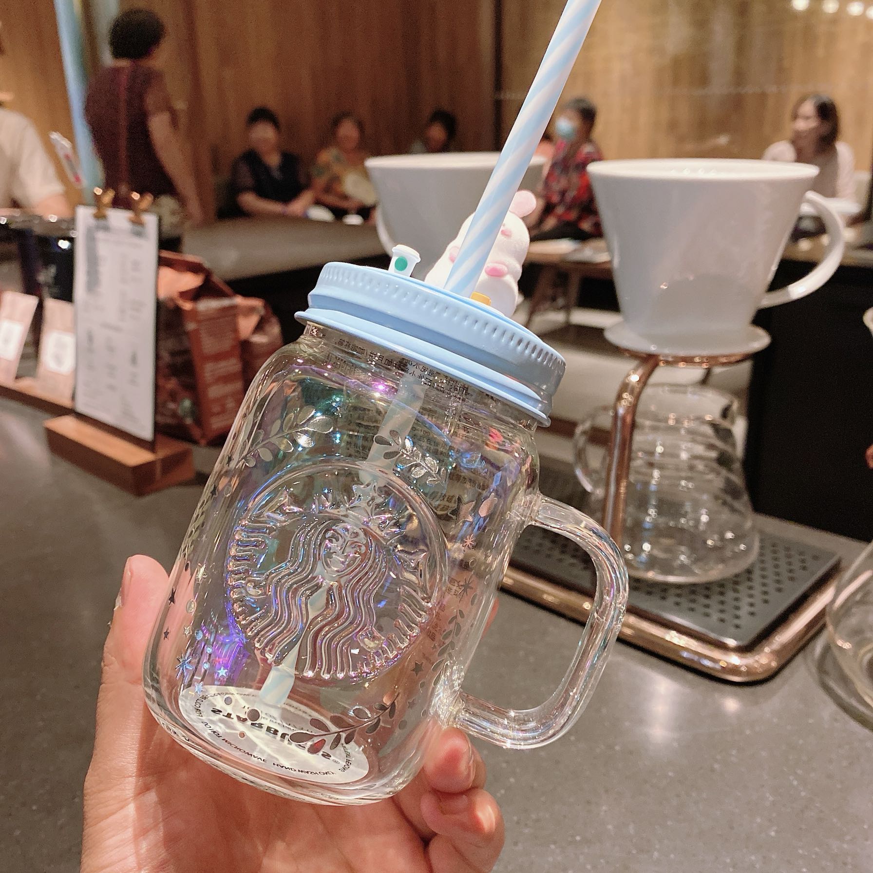 星巴克杯子中秋梅森玻璃杯淡蓝蓝色月夜瓶萌吸管玻璃杯