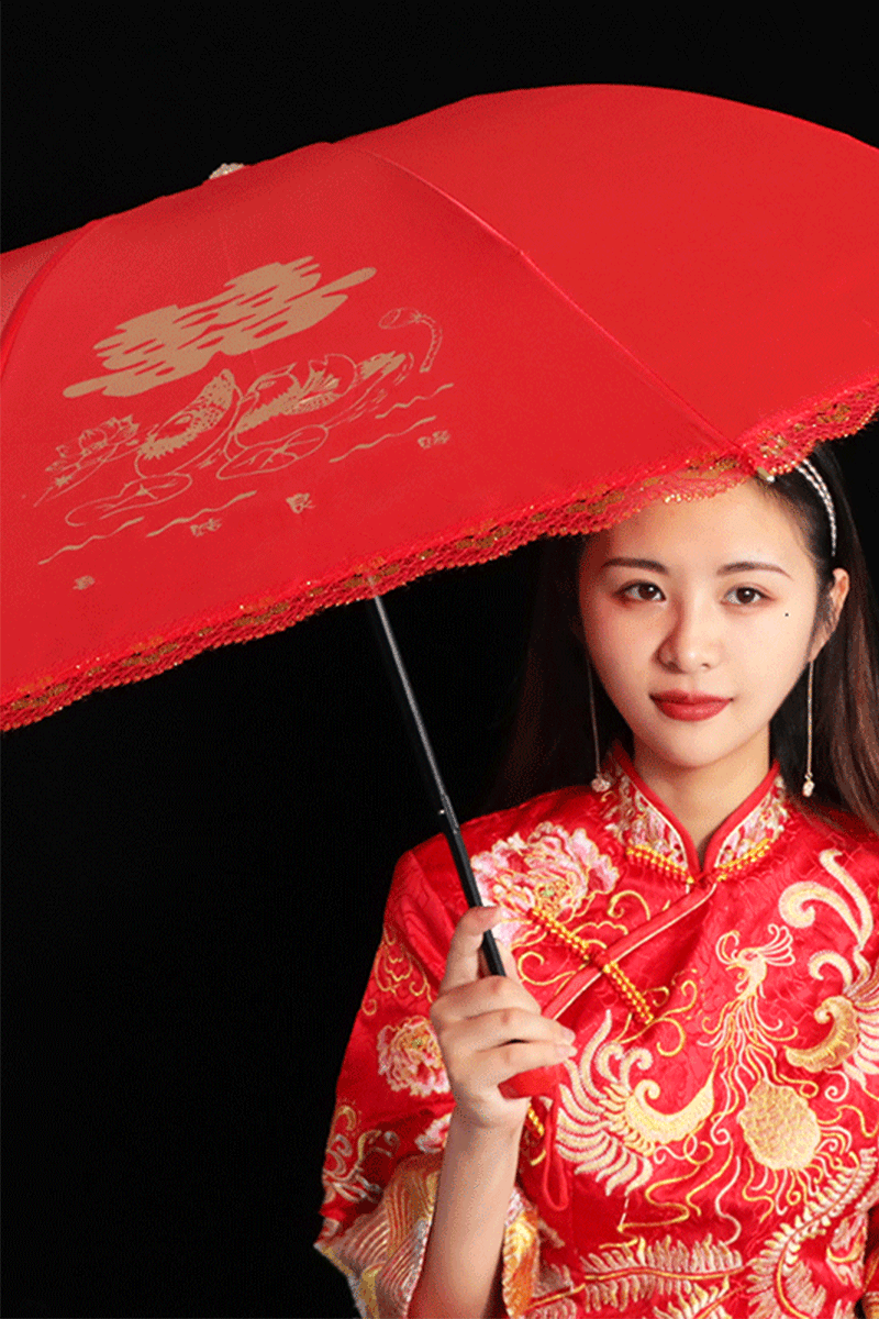 结婚红伞折叠娘家新娘出门用的出嫁蕾丝复古创意礼盒
