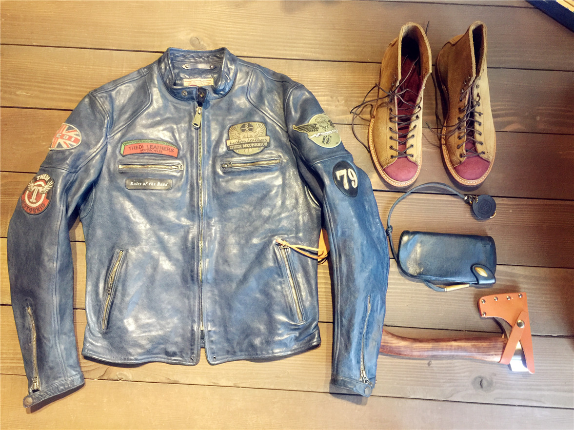 总代ThediLeathers 蓝染水牛皮 水洗做旧徽章版 直拉皮衣 希腊制