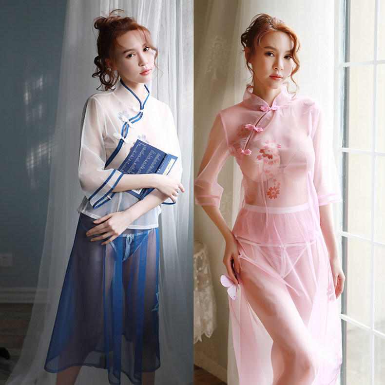 透明女夏薄纱复古民国国风透视睡裙欢襟旗袍睡裙