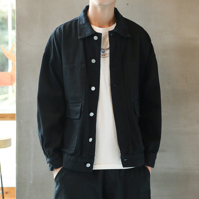 黑色夹克外套男士春季工装牛仔宽松男生休闲翻领潮牌春秋季款春装