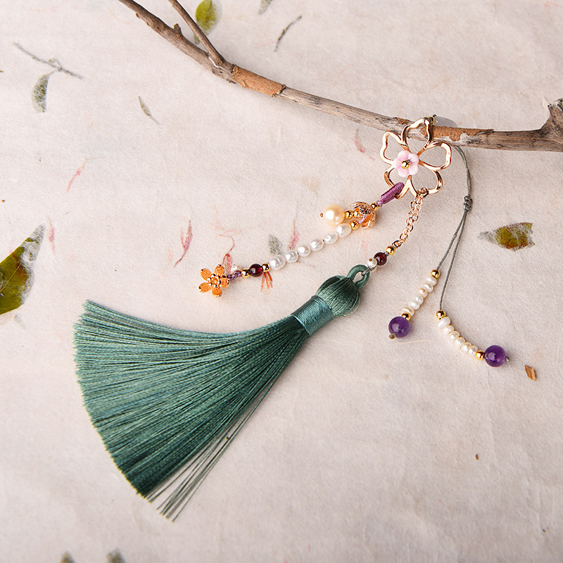 古树千藤挂饰女珍珠流苏挂件古风吊坠百搭胸饰贝壳花长链便携压襟