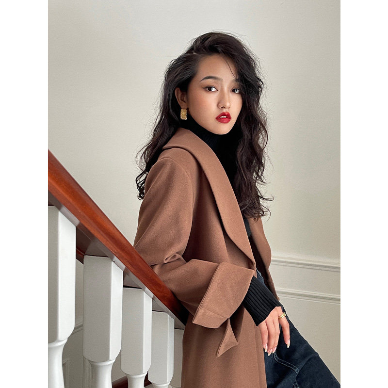 韩语2021自制港风复古气质长款毛呢子大衣外套风衣